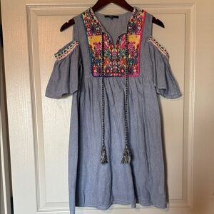 Embroidered Cold Shoulder Mini Dress - Blue